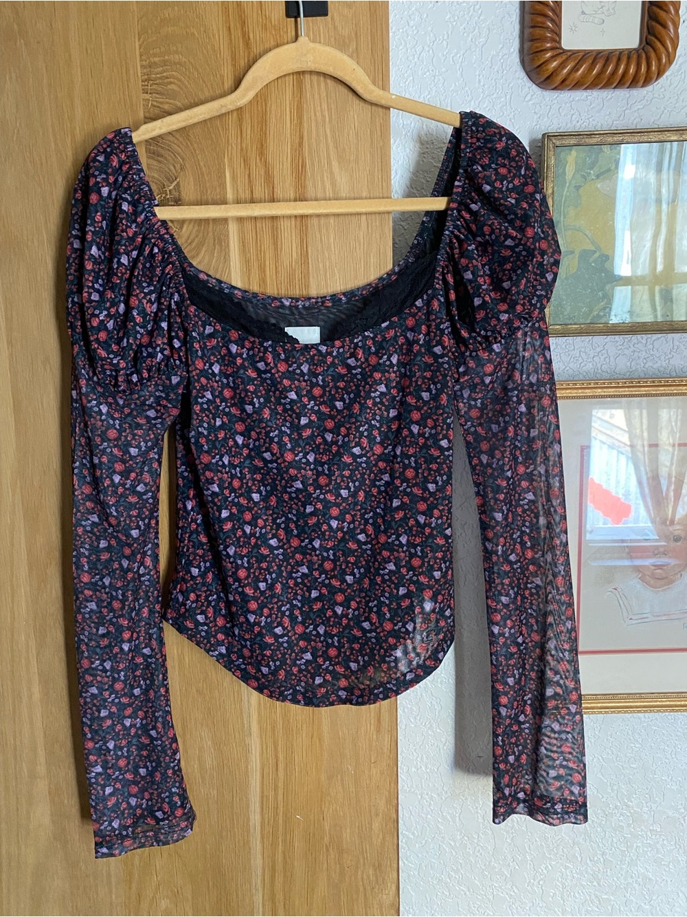 Maeve Black Sheer Long-Sleeve Top with Red Floral Print